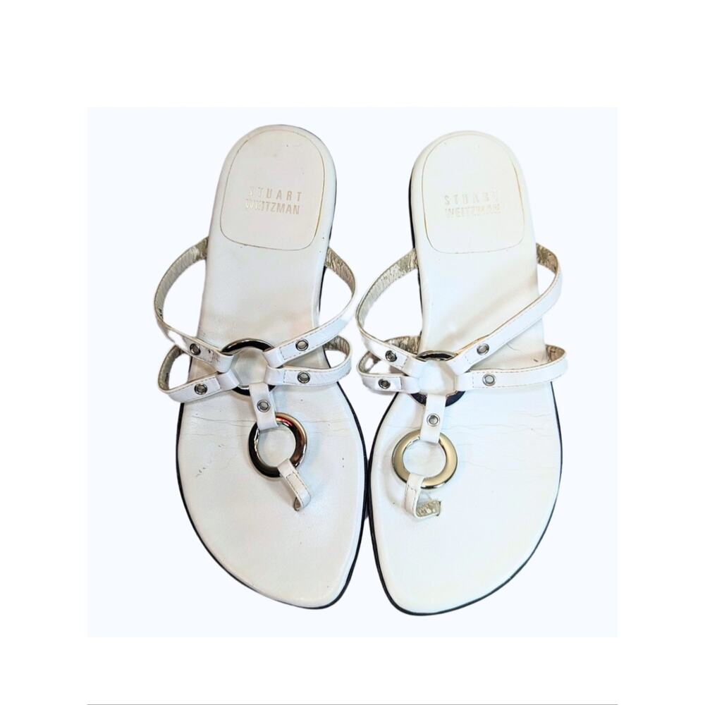 Stuart Weitzman Size 5M White Leather Slip On Strappy Thong Flat Sandals